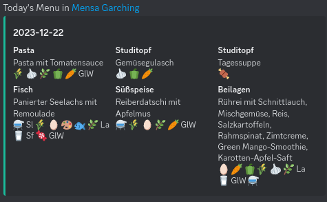 a Discord embed listing multiple dishes and their ingredients with emojis